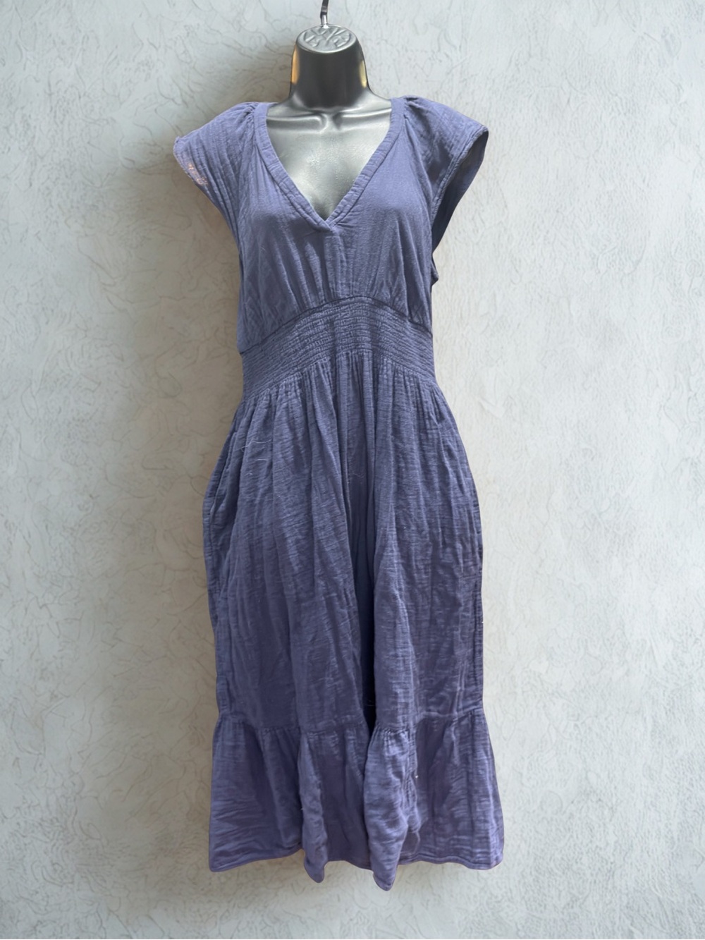 Women's Blue V-Neck Gauze Tiered Dress